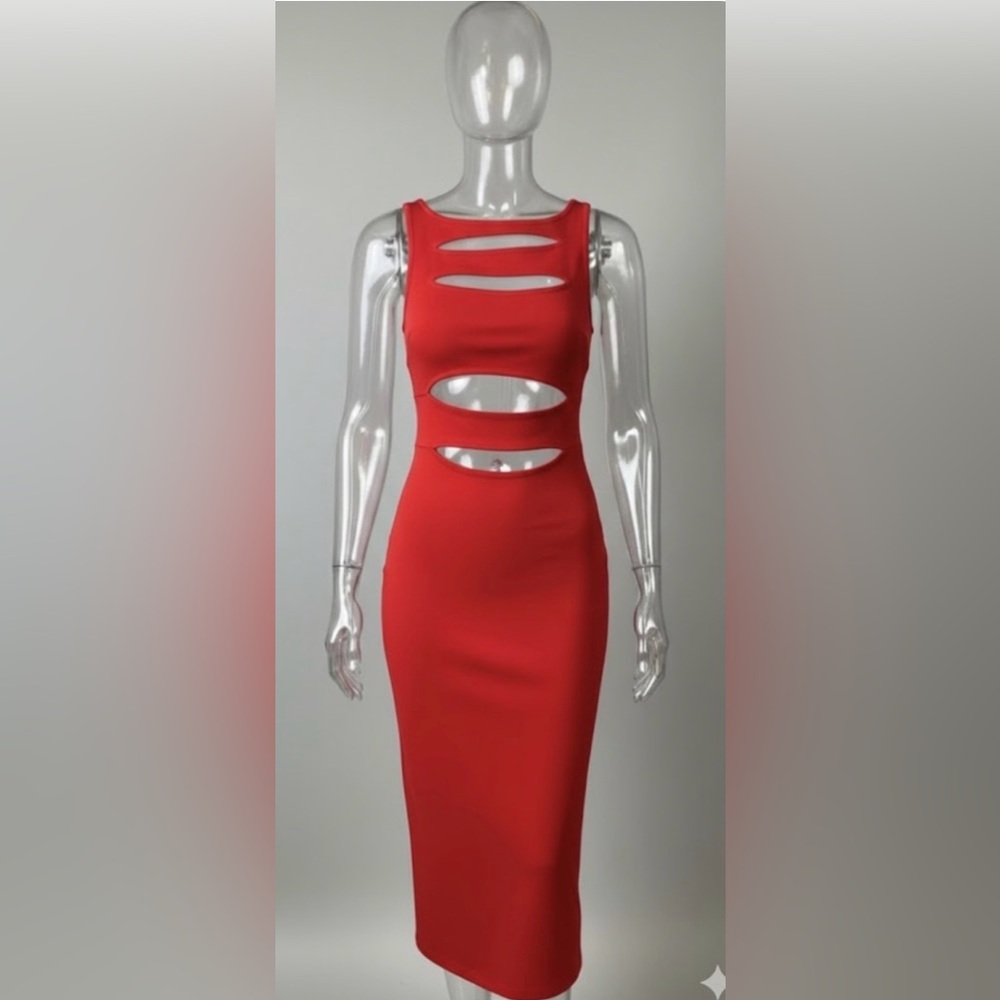 Hera Collection Red Midi Bodycon Dress - Sexy Front Cut-Outs - Size S - Picture 2 of 11
